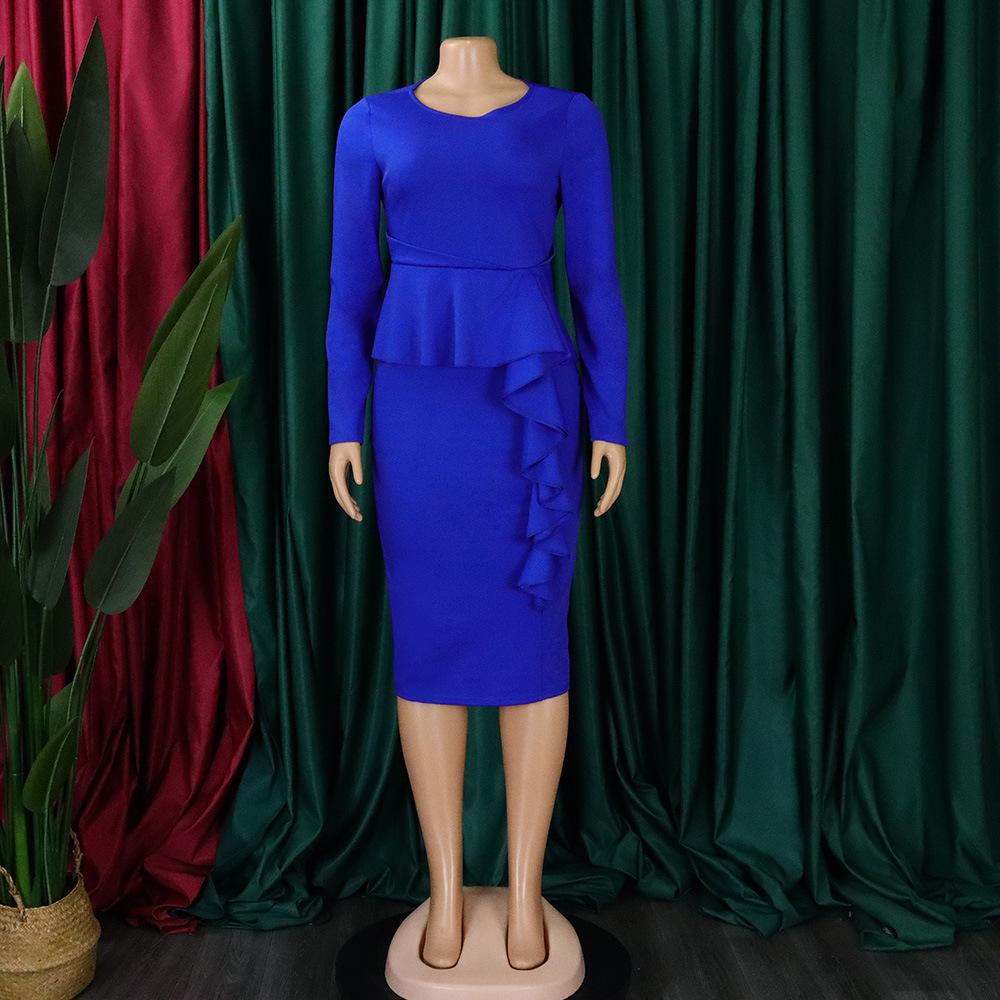 JKASHDK Vestidos casuales de cintura alta con cuello redondo y manga larga con estampado de Color sólido a la moda para mujer