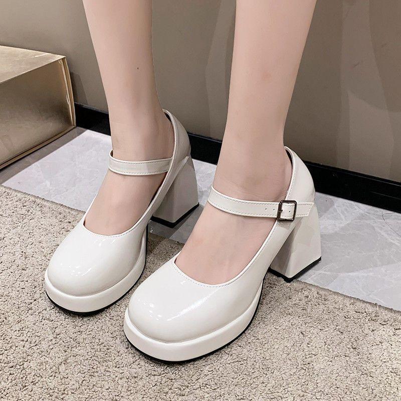 Spice girl patent leather thick heel single shoes Mary Jane shoes new retro fashion niche small leather shoes high heels women