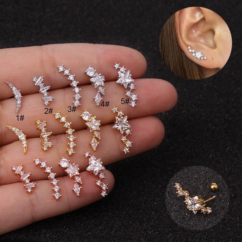 Free Shipping Curved Cz Cartilage Stud Helix Rook Conch Screw Back Earring 10g Stainless Steel Ear Piercing Jewelry