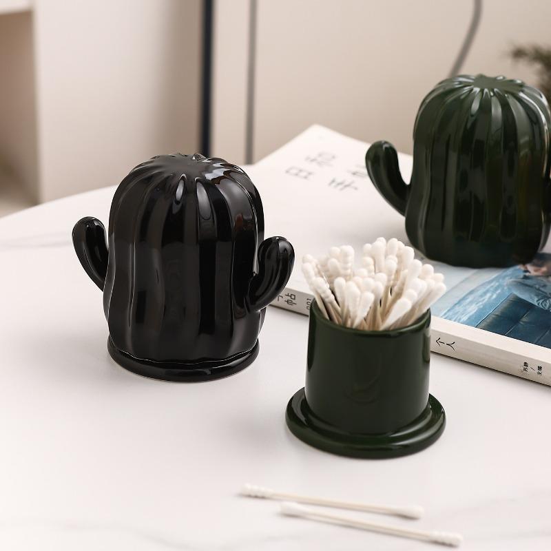High-value Ceramic Cactus Toothpick Jar, Dental Floss Storage Box, Household New Personalized Creative Cotton Swab Box Jar.