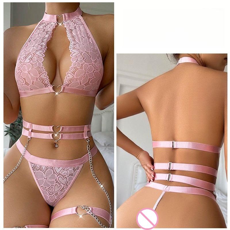 Sexy Lingerie Sets Woman Metal Love Chain With Garter Belt Bodysuit Woman Underwear Porn Lace Sleepwear Set Erotic Costumes