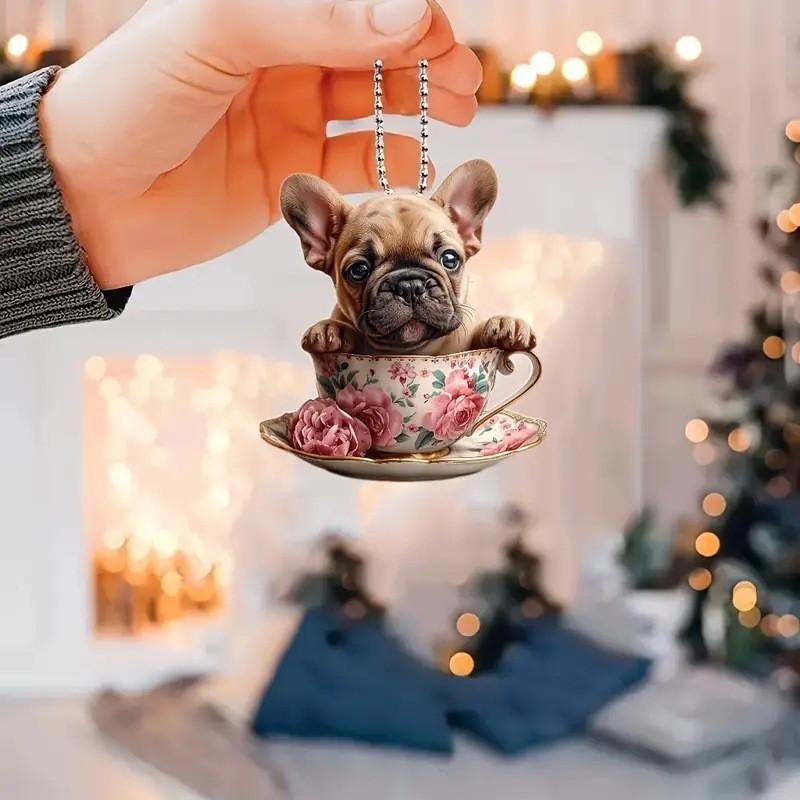 Creative Cartoon Acrylic Flat Dog Tea Cup Car Hanging Ornament For Interior Decoration