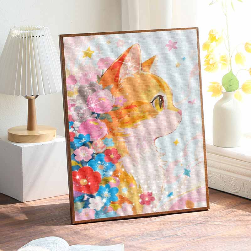 DIY Full Drill Diamond Painting Kit Cute Cat Floral Pattern Rhinestone Canvas Art for Cozy Room Decor Gift, Great for Wall Decoration Art Work