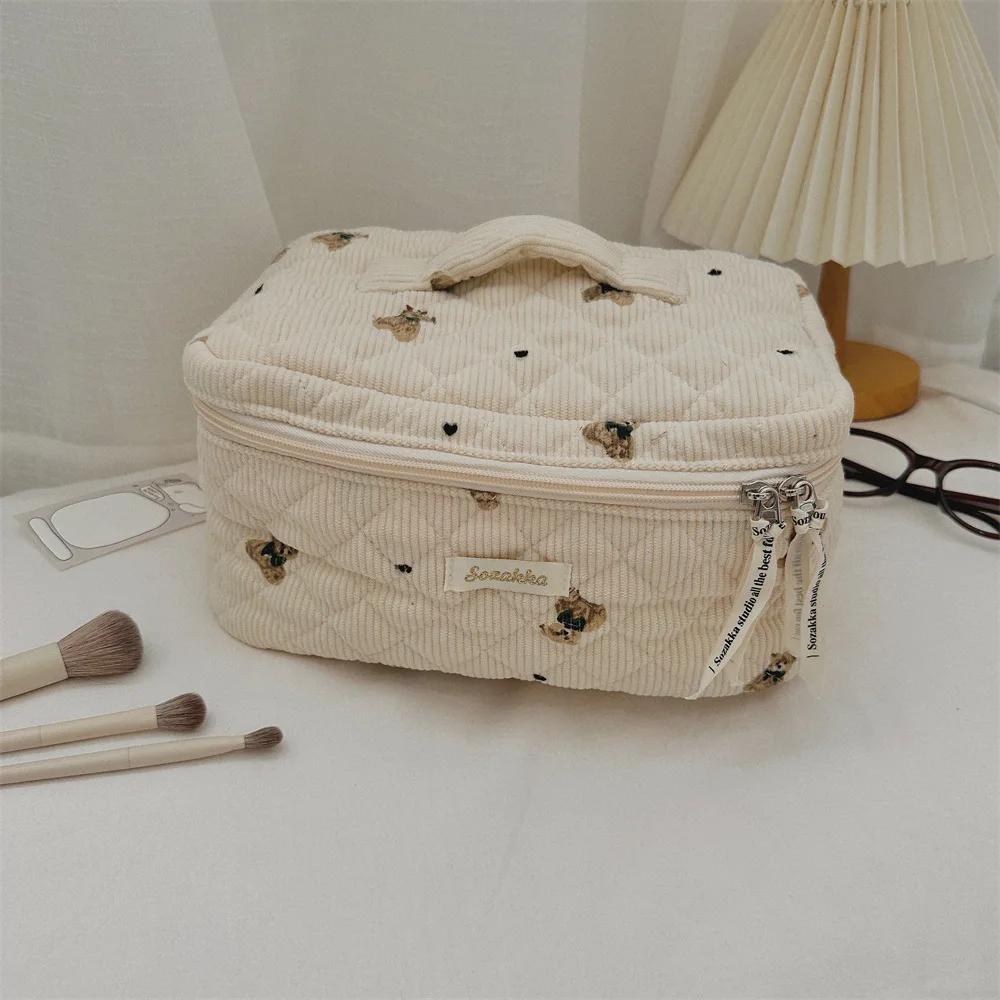 Cartoon Bear  Women's Cosmetic Bag Portable Corduroy Ladies Travel Makeup Storage Bags Simple Girls Pencil Case Clutch Purse