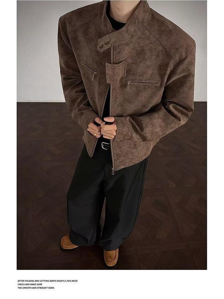 American Retro PU Leather Stand Collar Motorcycle Jacket for Men - Clean Fit, Casual, Versatile.