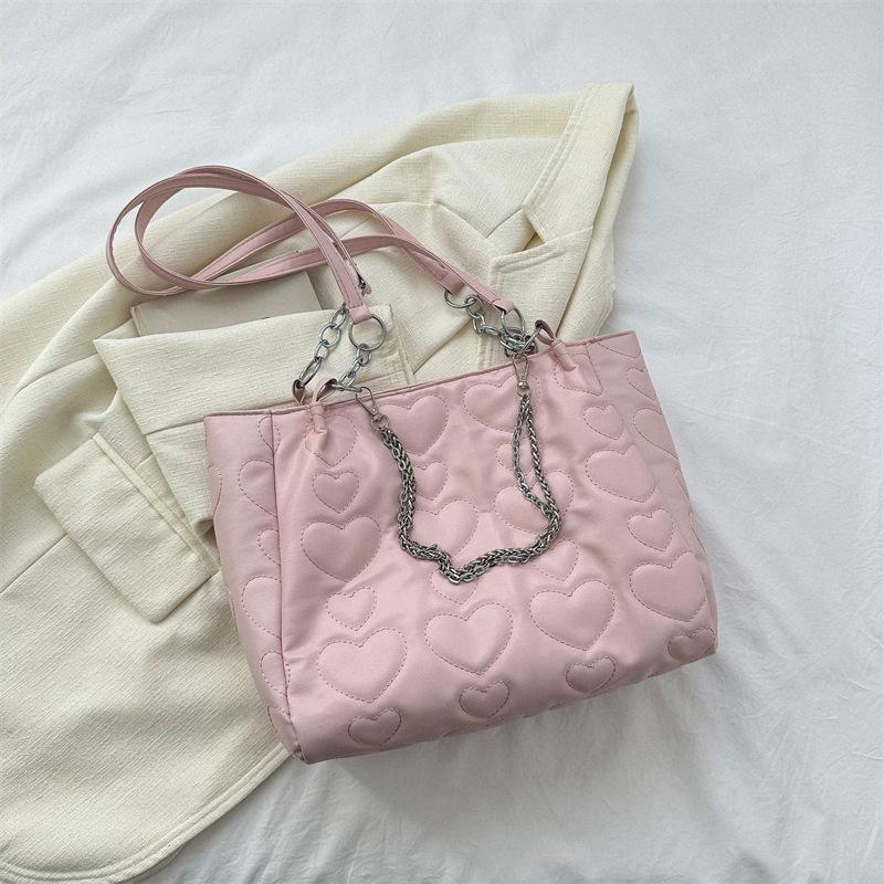 

Уличная мода простой универсальный вышивка нить персиковое сердце тоут большая сумка 2025 большая вместимость цепочка декоративная наплечная сумка Chainless model розовый