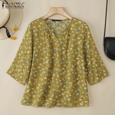 Women Casual V-Neck Loose 3/4 Sleeve Floral Print Blouse