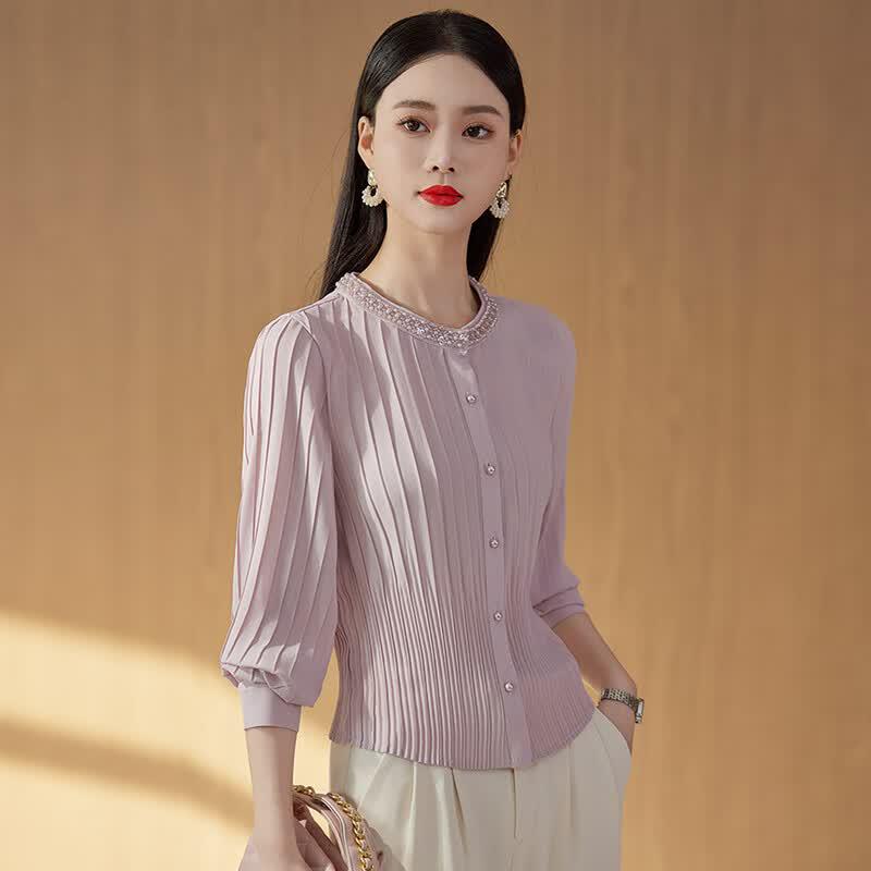Women s Beaded Long-Sleeve Round Neck Blouse XL