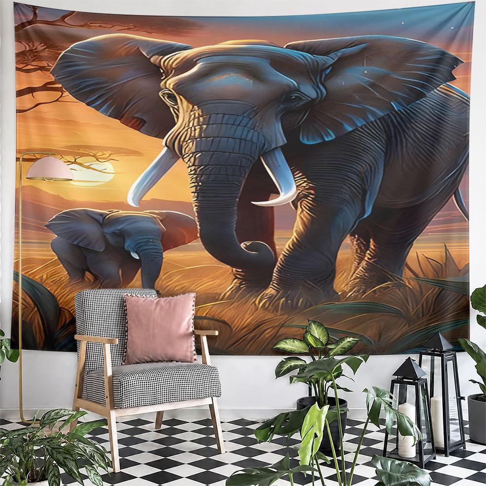 "Elephants at Sunset in Savannah" Pattern Wall Hanging Tapestry Decorative Tapestry Home Decor for Bedroom and Living Room