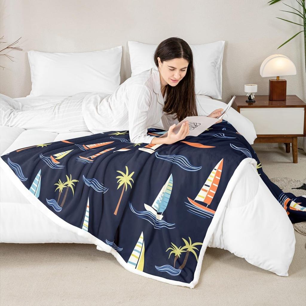 Nautical Sailboat Blanket Tropical Palm Tree Pattern Beach Decor Summer Throw Coastal Home Textile Ocean Theme Bedding