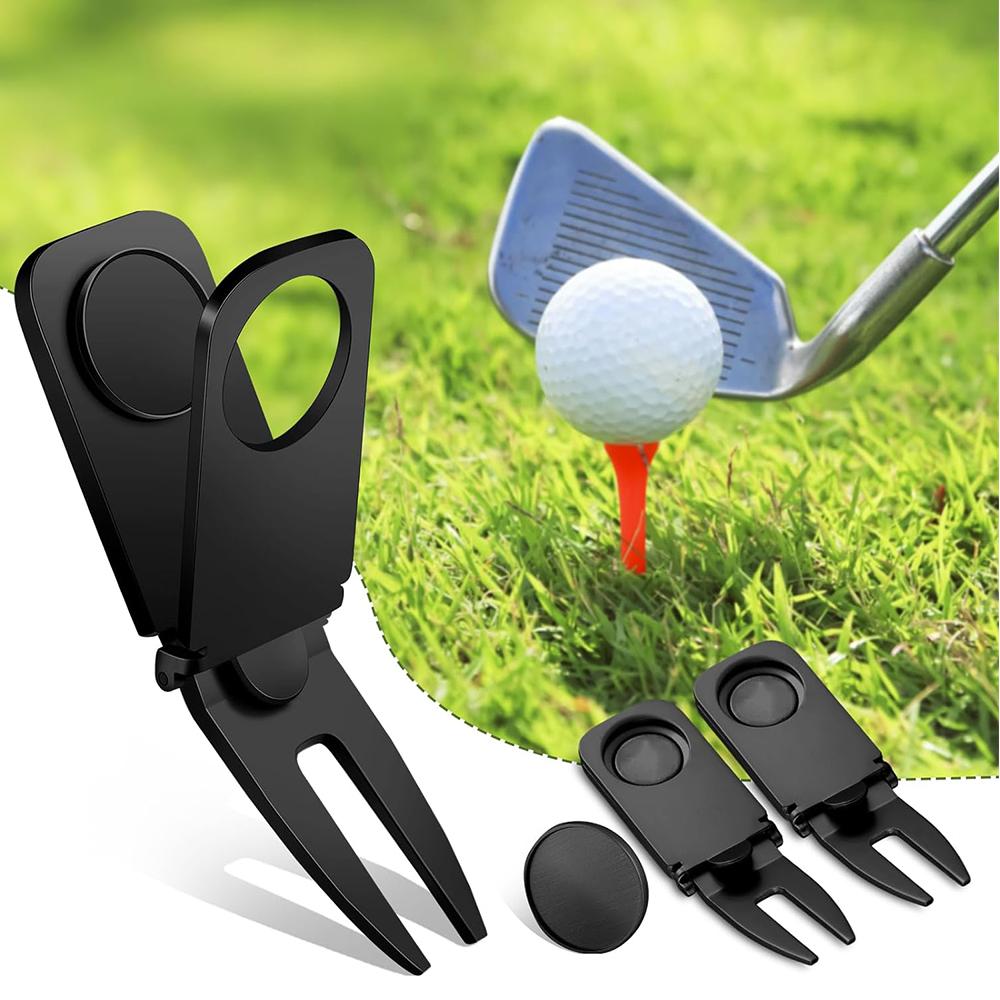 2Pcs 3 in 1 Golf Repair Tool with Magnetic Golf Ball Marker Gift For Man Black