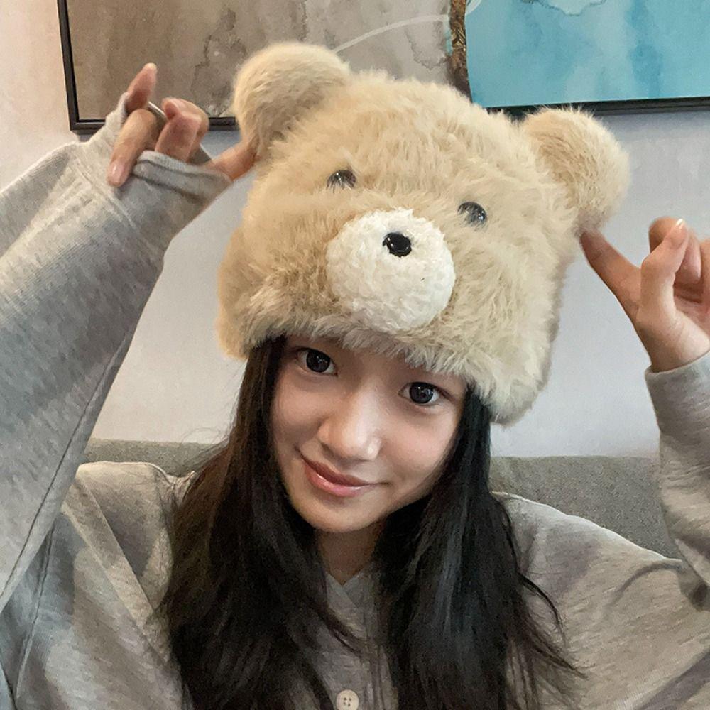 Warm Cute Bear Ear Hat Korean Pompom Beanie Cap Leisure Women Fluffy Hat  Girls