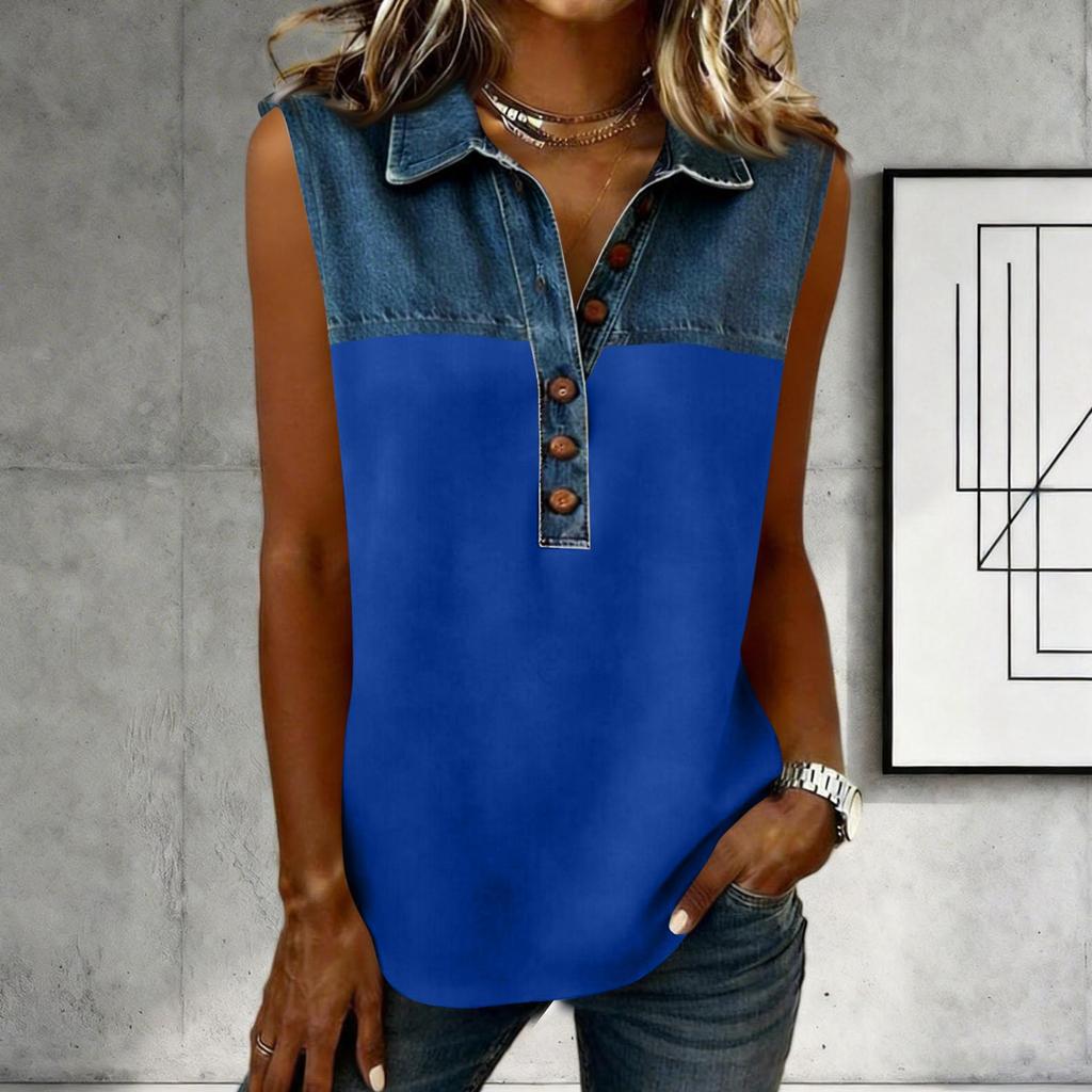 Women's Casual Fashion Denim Patchwork Sleeveless Button-Down Top Vest