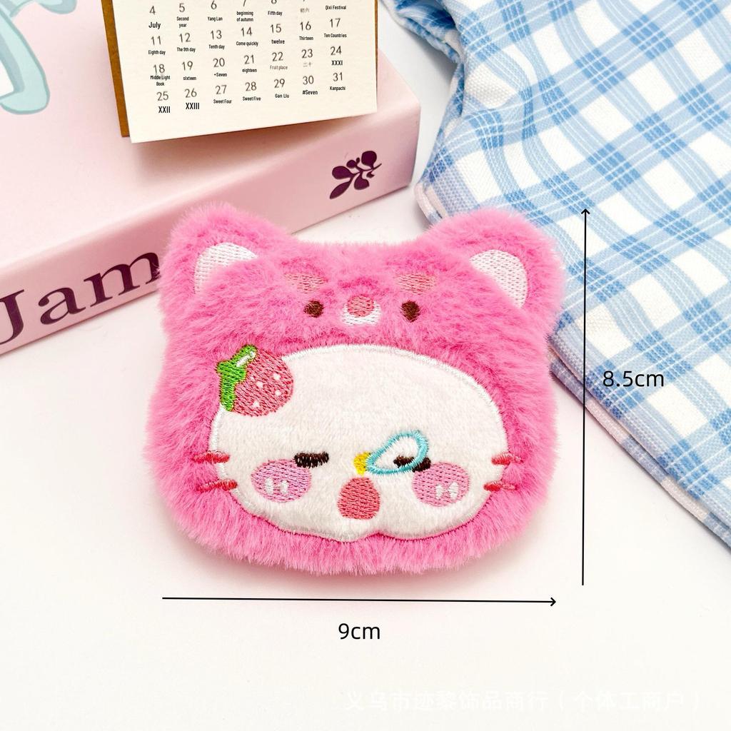 Cartoon Heart Kitten Doll Pendant with Apple, Strawberry, and Bear Brooch Decor.