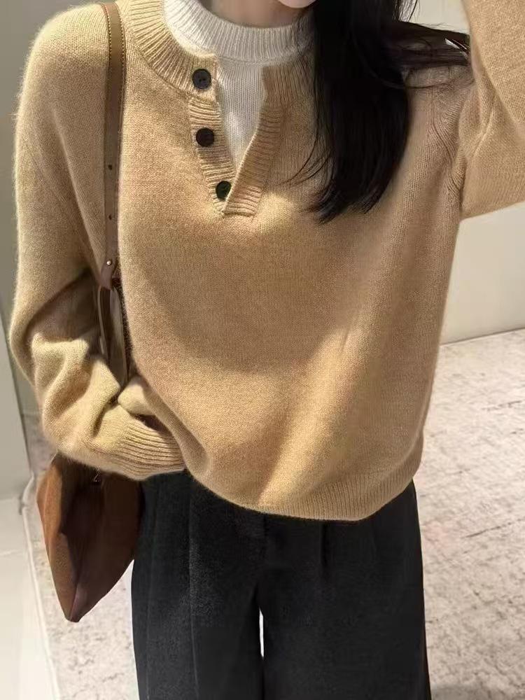Women's 100% Wool Autumn/Winter Sweater - Two-Piece Look, Half-Open Collar, Loose Fit, Versatile Knitwear for Layering