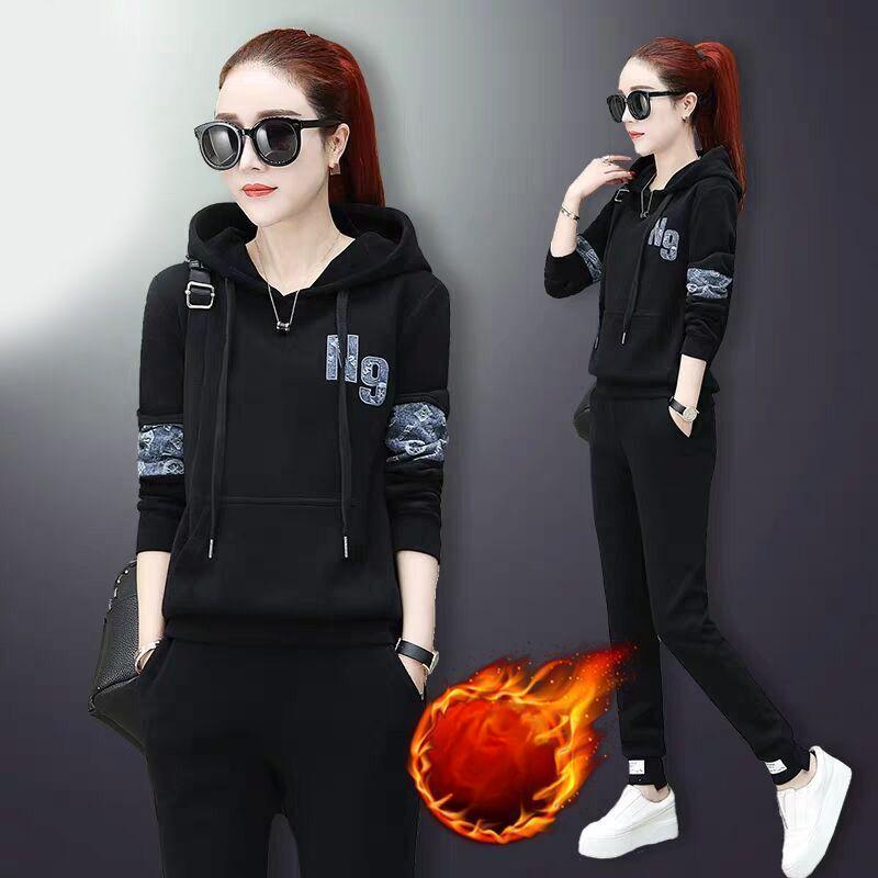 Casual Sports Suit Women's Autumn and Winter Korean Fashion Loose Plush Thickened Hooded Top Two Piece Set