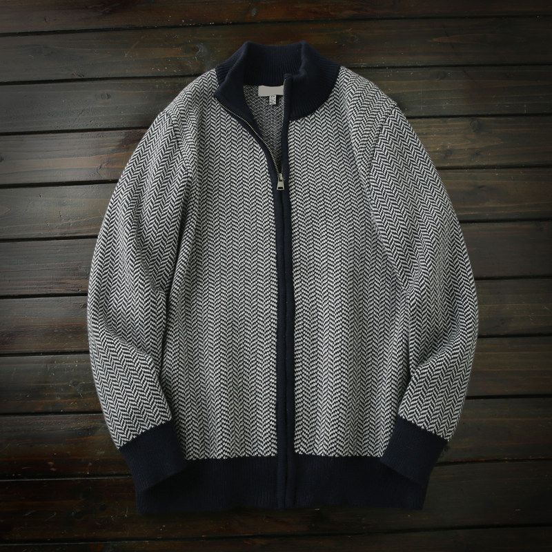 Order Export Men's Clothing Factory Leftover Stock Fall and Winter Pure Cotton Stand Collar Thickening Cardigan Knitting Sweater Outwear Men