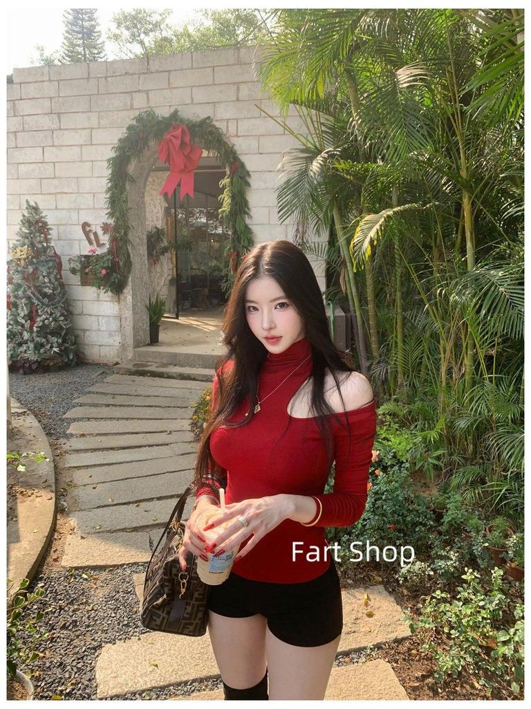 260g Cotton Modal American Spicy Girl High Neck Off-Shoulder Slimming Bodycon Waist-Cinched Chic Casual Top