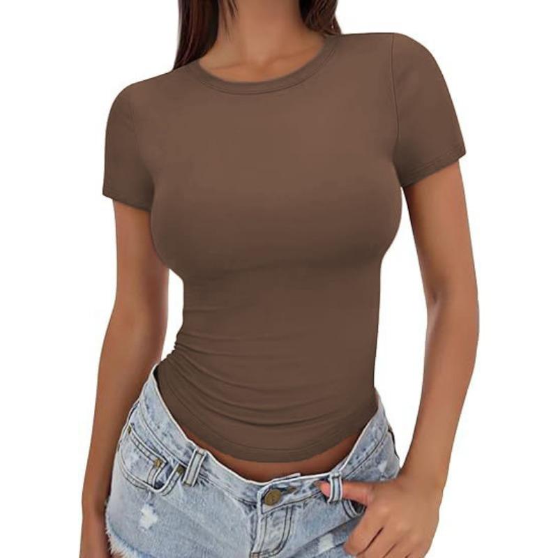 DAFIFY Women's Fashion Casual Summer Spring Solid Color Print Short Sleeve O-Neck Blouses & Shirts