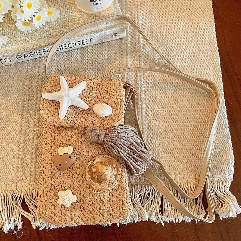 

Starfish shell vacation style mobile phone bag~ hand-woven seaside messenger bag walking neck bag storage bag women