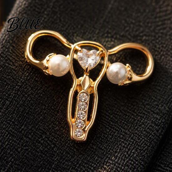 Uterus Shaped Pin Brooch with Rhinestone Faux Pearl Human Organ Lapel Pin Coats Decorative Hollow Jewelry for Sweaters Scarves Pearl