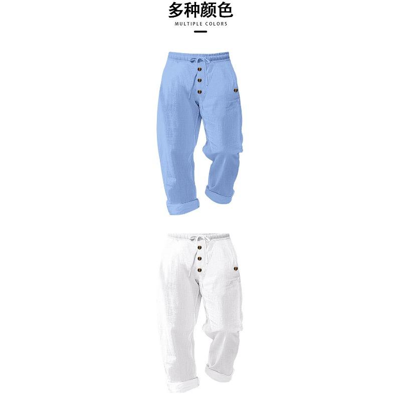 Men Solid Color Linen Loose Drawstring Button Casual Long Pants