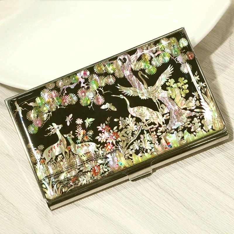 Handmade Mother of Pearl Lacquer Business Card Holder Crane Design Keychain Gift