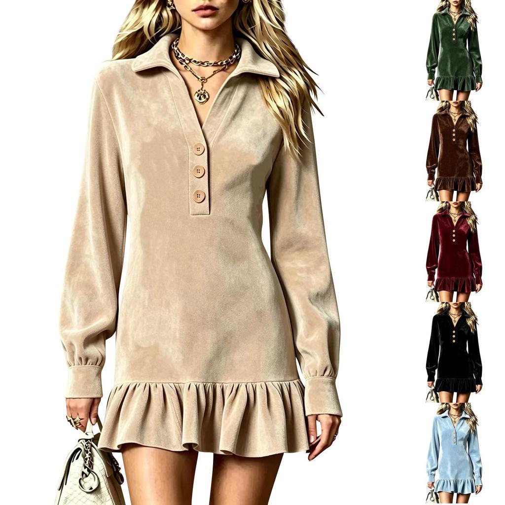 Women's Stylish Velvet V-Neck Button Long Sleeve Dress with Sleeves and Ruffle Hem