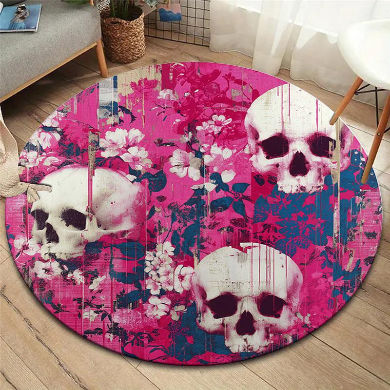 Retro Skull Round Area Rug,Carpet Rug for Living Room Bedroom Sofa Playroom Decor,Non-slip Floor Mat