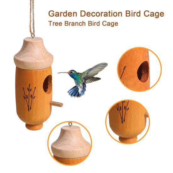 Hummingbird House Unique Shape Hanging Bird Cage Wooden Bird Nesting House for Garden Outdoor Decoration