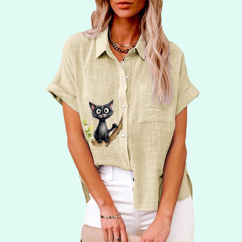 Übergröße Damen Mode Print T-Shirt Sommer&Herbst Lässig Leinen Geknöpftes Hemd Damen Locker Kurzärmelige Bluse