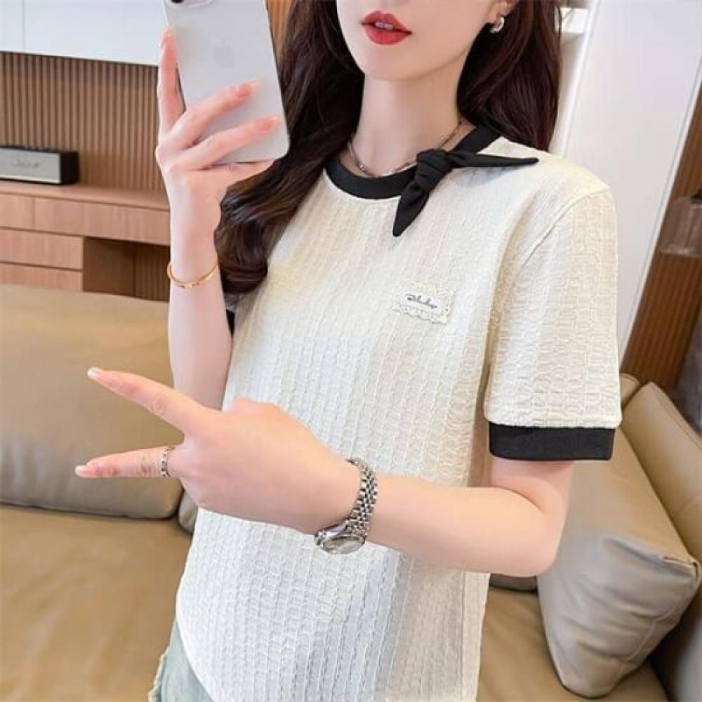 Navava Women S Color Blocked Ribbon Round Neck ShorT Sleeve T ShirT nT2800