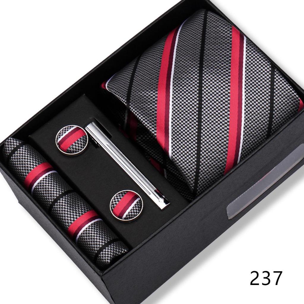 Men's Black & Wine Red Striped Plaid Tie Set with Pocket Square - Formal Wedding Gift Box