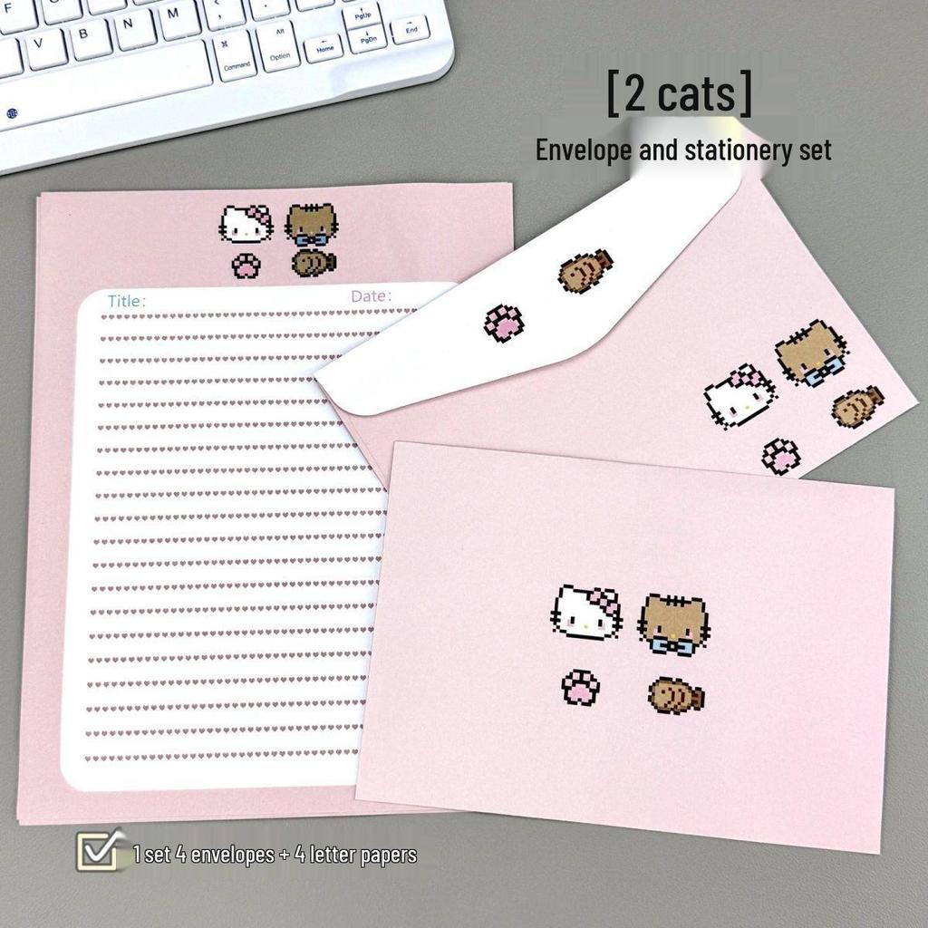 Two Cats Apple Envelope Set: Cute Cartoon Letter Paper for Handwritten Birthday Wishes