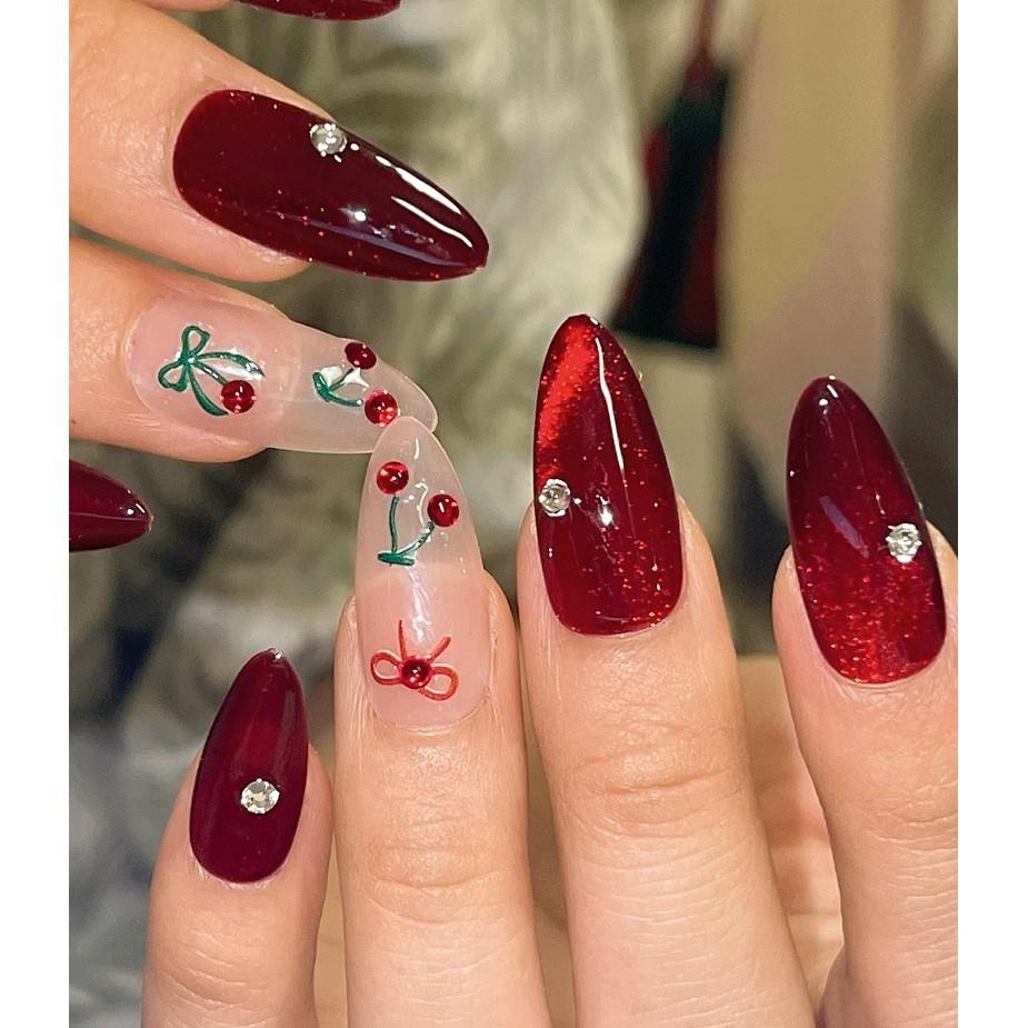 HANDMADE Artificial Nail Almond Red Cat Eye Cute Cherry Phototherapy Nails Fake Nails Reusable and Removable Nails