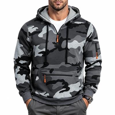 Men's Camouflage Hoodie Half Zipper Long Sleeve Hooded Sweatshirt Multi Pocket Autumn Winter Casual Pullover Hooded Tops