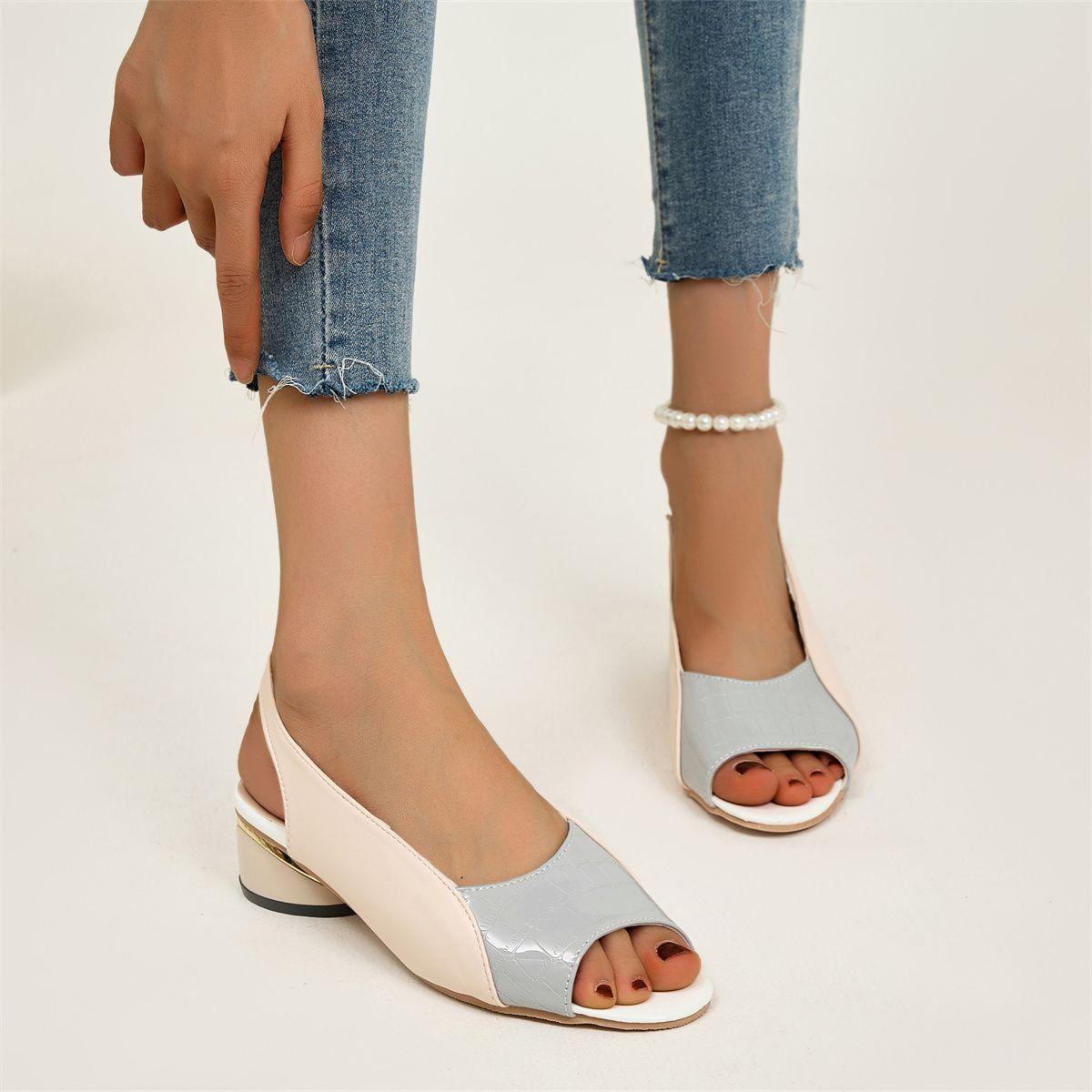 

2025 summer new fashion sandals women s leather color matching fish mouth shoes middle heel thick heel large size shoes empty strap 37