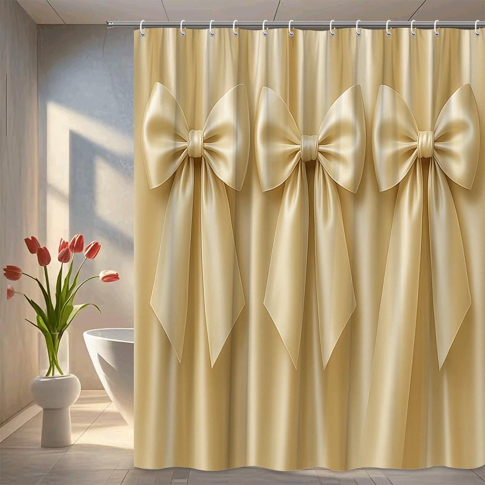 

Golden Bow Shower Curtain Elegant Satin Ribbon Design Luxury Bathroom Decor Waterproof Easy To Install Elevate Your Space W60H190(CM)-1 Pcs
