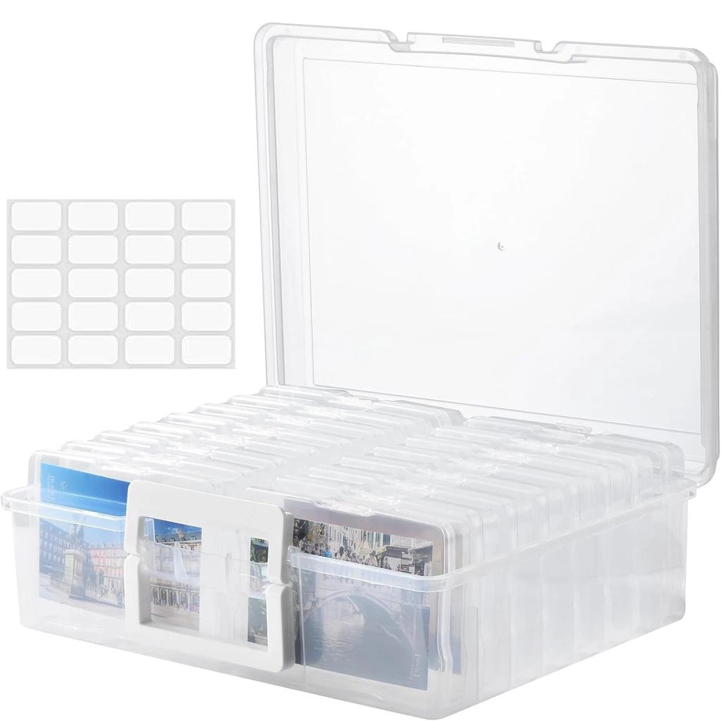 Opbergdoos voor Foto's met Handvat, Opbergcontainer Organizer voor Foto's met 16 Binnenbakjes en 1 Vel Labels voor Foto's, Kunst