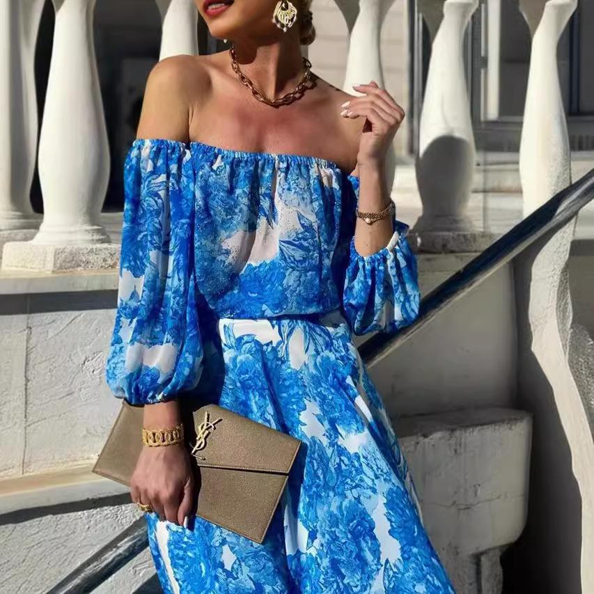 YYFS Women's Fashion Summer Spring Flower Pattern Print 1/2 Sleeves One Shoulder High Waist  Casual Dresses