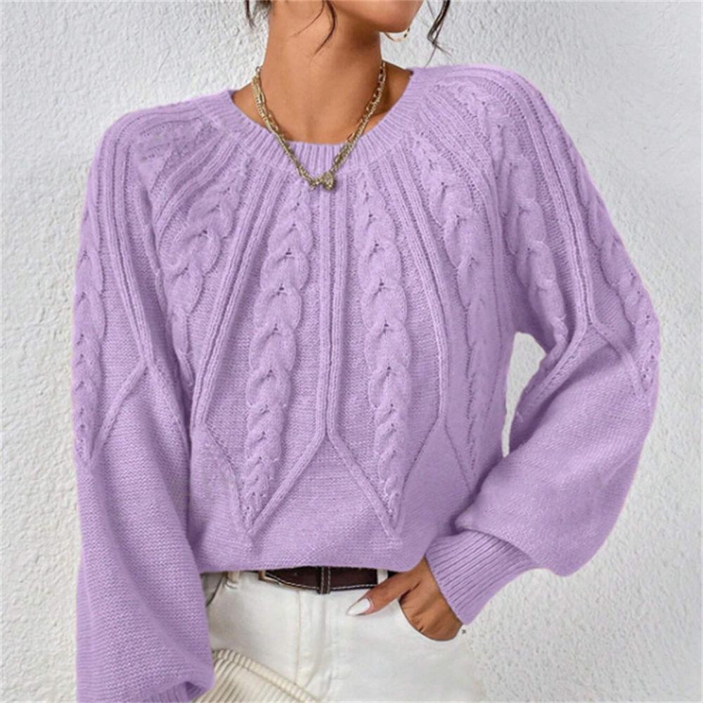 Women's Autumn/Winter Solid Color Cable Knit Sweater, Loose Crew Neck Lantern Sleeve Versatile Knit Top S-XL