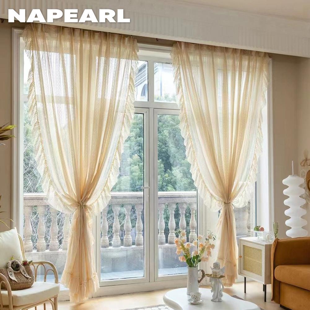 1 Stück NAPEARL Beige Tüll Französisch Retro Jacquard Rüschenkante Transparenter Vorhang für Wohnzimmer Schlafzimmer Balkon Fenster Heimdeko