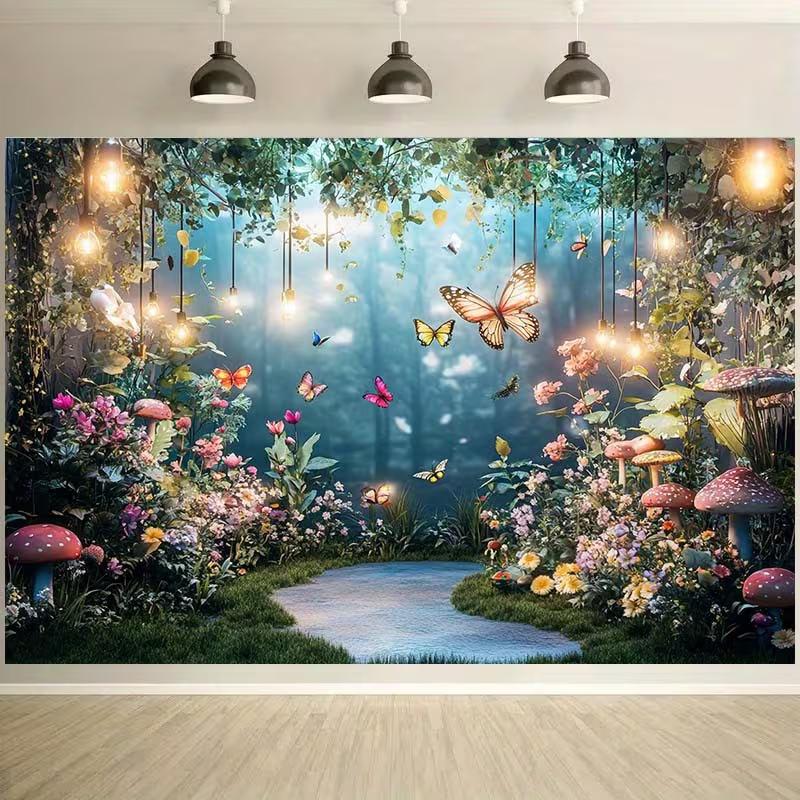 2D Magical Forest Backdrop, Enchanted Butterfly Garden Photo Booth Background