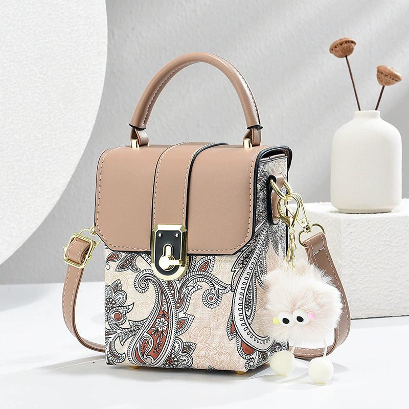 Women's Paisley Print Box Crossbody Bag, Lightweight PU Leather Mini Top Handle Handbag, Detachable Strap Shoulder Bag
