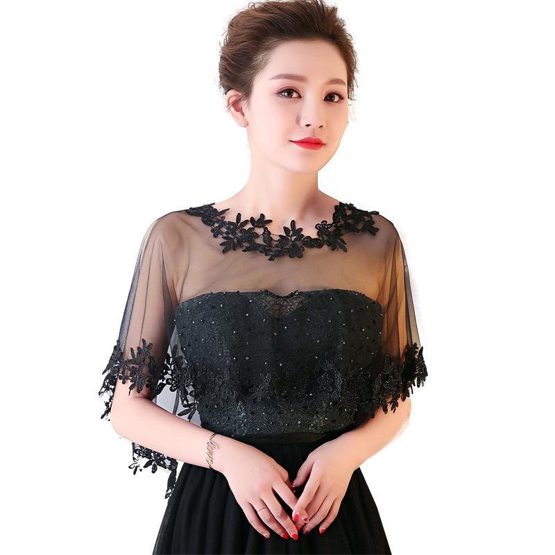 Bolero Scurt din Tulle Transparent cu Aplicații Florale din Dantelă 3D, Pelerină, Șal pentru Rochie de Mireasă, de Seară, Bal, Domnișoară de Onoare, cu Umerii Goali L negru