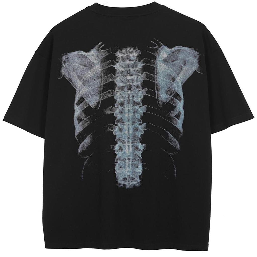 Streetwear Bothsides X-rays Graphic T-Shirt Cotton Washed Black Tshirt Unisex Short Sleeves T Shirt