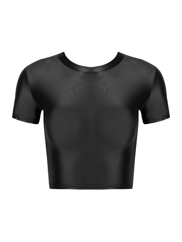 Womens Solid Color Short Sleeve Crop Top Sportswear Swimwear Top