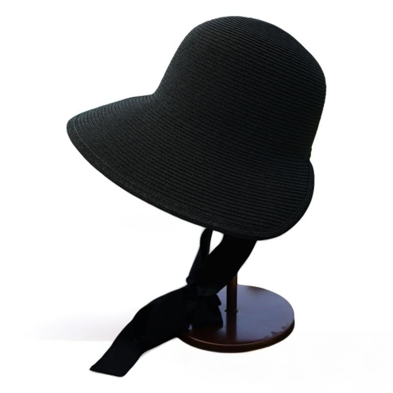 Japanese Retro Black Lace-Up Wide-Brimmed Hepburn Elegant Basin Hat Top Hat Women'S Summer Vacation Sunshade Sunscreen Small Straw Hat