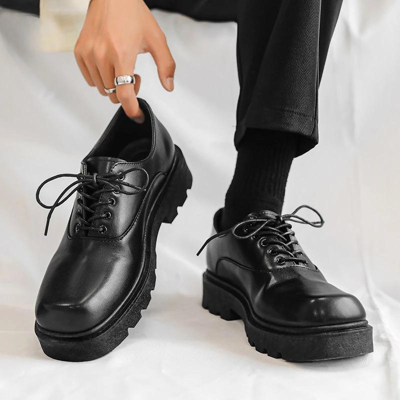 Fashion Thick Sole Men's Leather Shoes Non Slip and Waterproof Square Toe Platform Male Casual Shoe High Quality Fashion Social New In