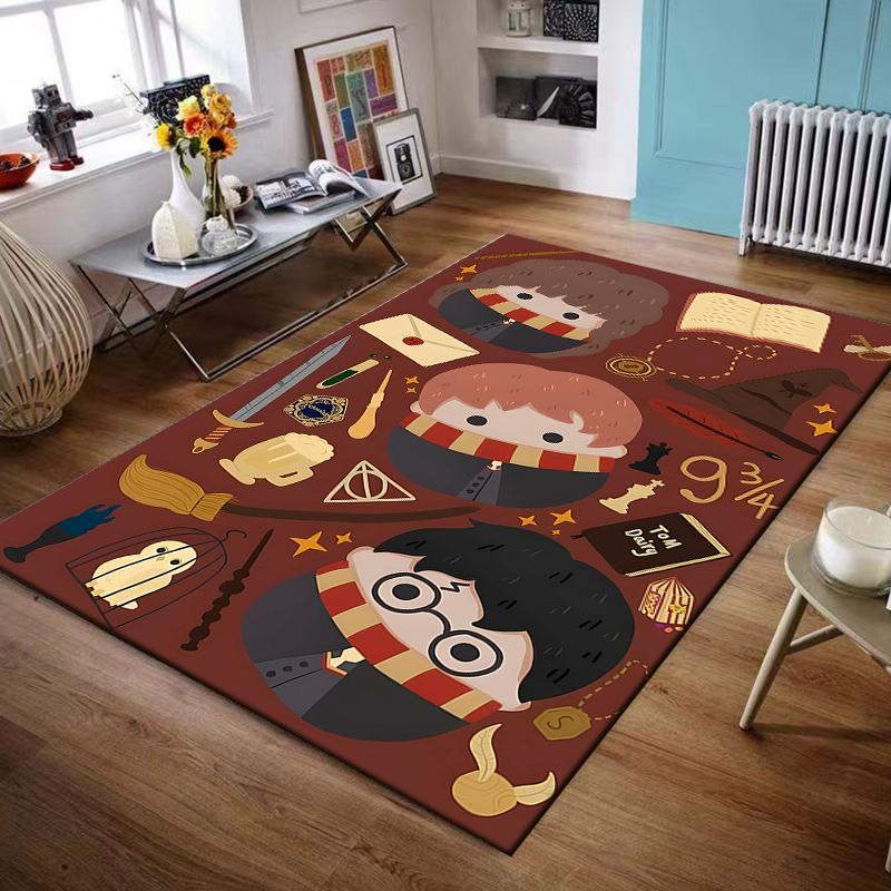 Area Rug Harry Potter Chibi Characters Wands Owl Books Burgundy Magic Art Decor for Living Room Bedroom Gift for Women